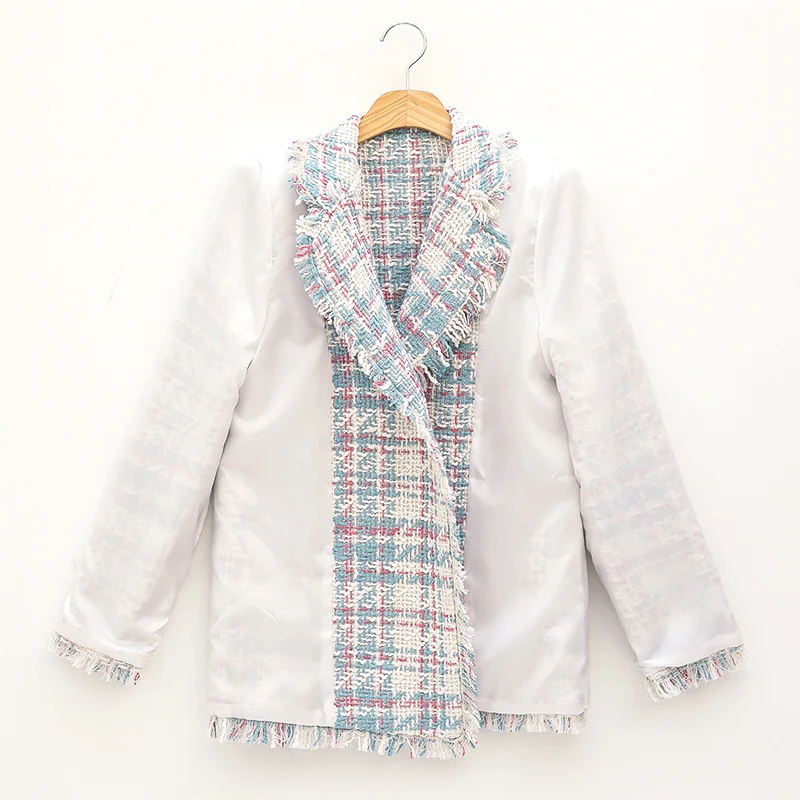 

Women's Winter Autumn Tweed Jacket for Women Blue Pink Plaid Double Breasted Blazer High Quality Spring Womens Blazers Tassel