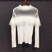 new arrival sweaters pullovers 2022 spring autumn jumpers ladies sexy feather beading deco long sleeve casual black white tops