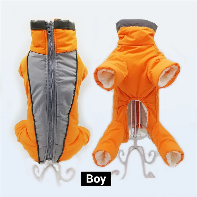 boy orange Зимний комбинезон для собак, теплый водонепроницаемый комбинезон для животных, брюки для мужчин/женщин, светоотражающий пуховик для маленьких собак и щенков - Цвет: boy orange