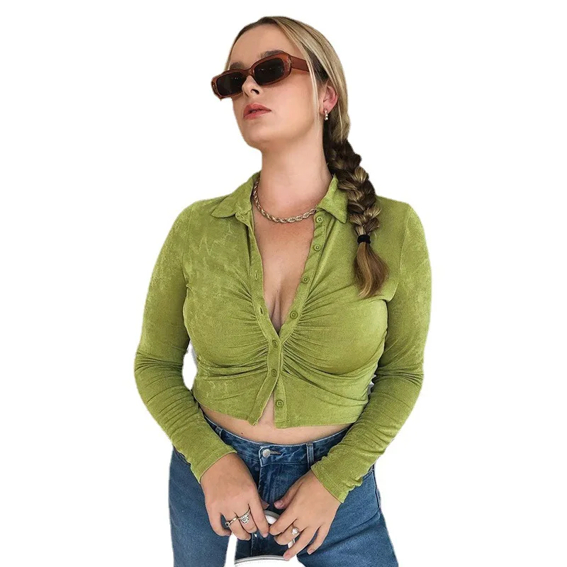 

Pleated Slim Shirt Collar Temperament Top Women's Autumn Sexy Elegant Button Slim Cardigan