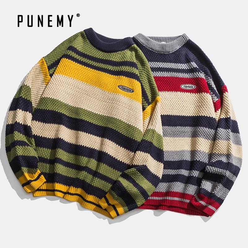 Повседневные мужские свитера в стиле ретро акриловые полоску с круглым вырезом