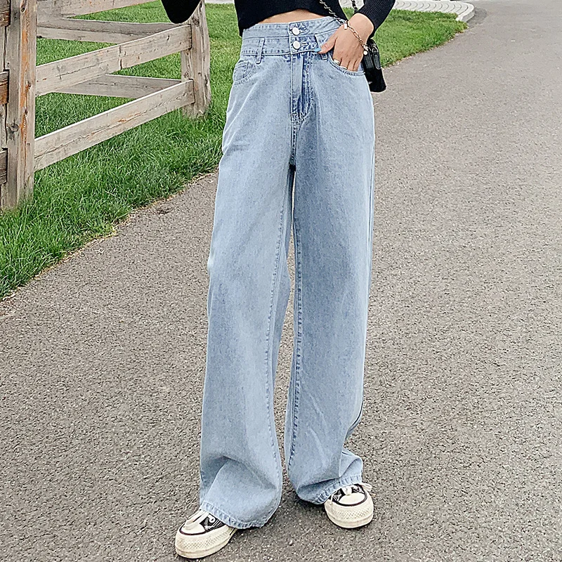 

Джинсы женские с широкими штанинами, модные легкие прямые брюки с завышенной талией, повседневные универсальные Ретро штаны с шваброй, улич...