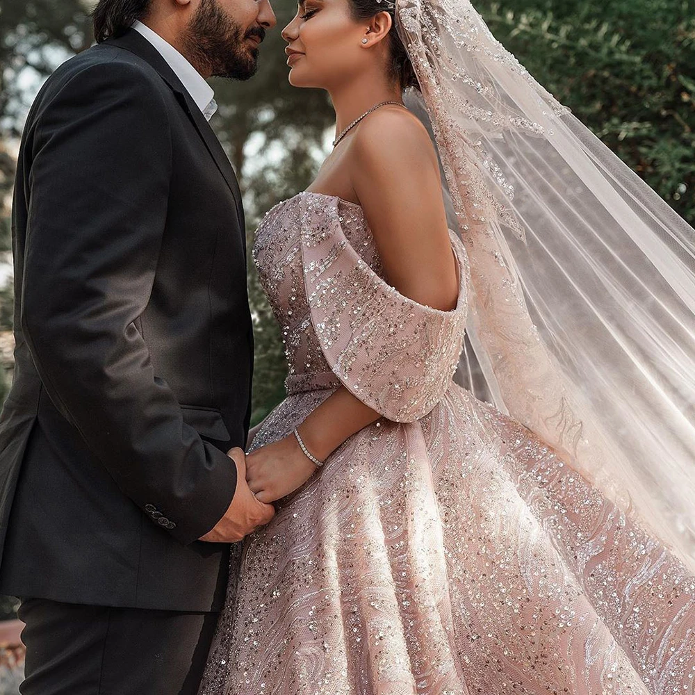 Luxury Beads Crystals Ball Gown Wedding Dresses Robe de Mariee Sexy Open Back Cap Sleeve Wedding Bridal Gowns Vestido de Noiva