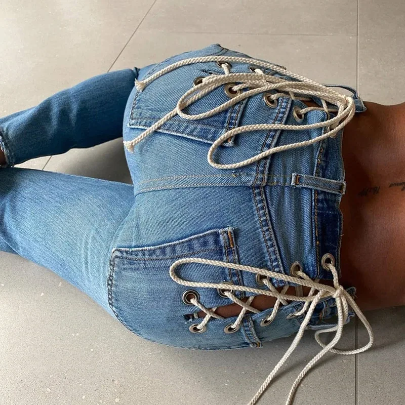 

2021 Retro Fashion TieCut-Out Sexy High Waist Bandage Jeans Hollow Wide Leg Pants for Women Harajuku Long Loose Jeans Streetwear