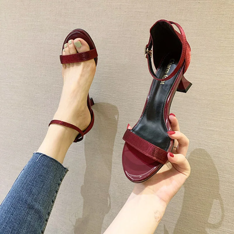 

2021 New Fashion High Heels Women's One Line Buckle Sandals Sexy Thin Heel Summer Red Ladies Shoes Teenslippers Women