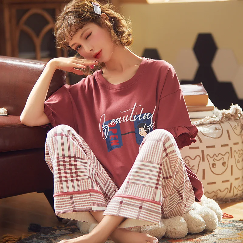 21 New Pajamas Women's Short Sleeve Trousers Nightgown Spring Summer Cotton Nightwear Korean Leisure Home Suit Plus Size