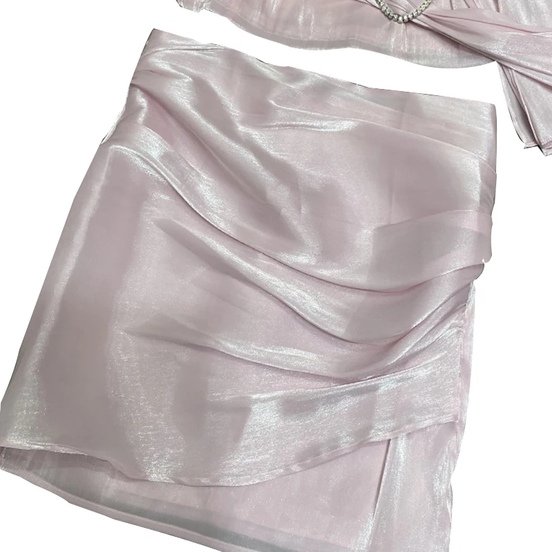 

TWOTWINSTYLE Elegant Two Piece Set For Women Square Collar Puff Short Sleeve Shirt High Waist Ruched Slim Skirts Solid Sets 2021