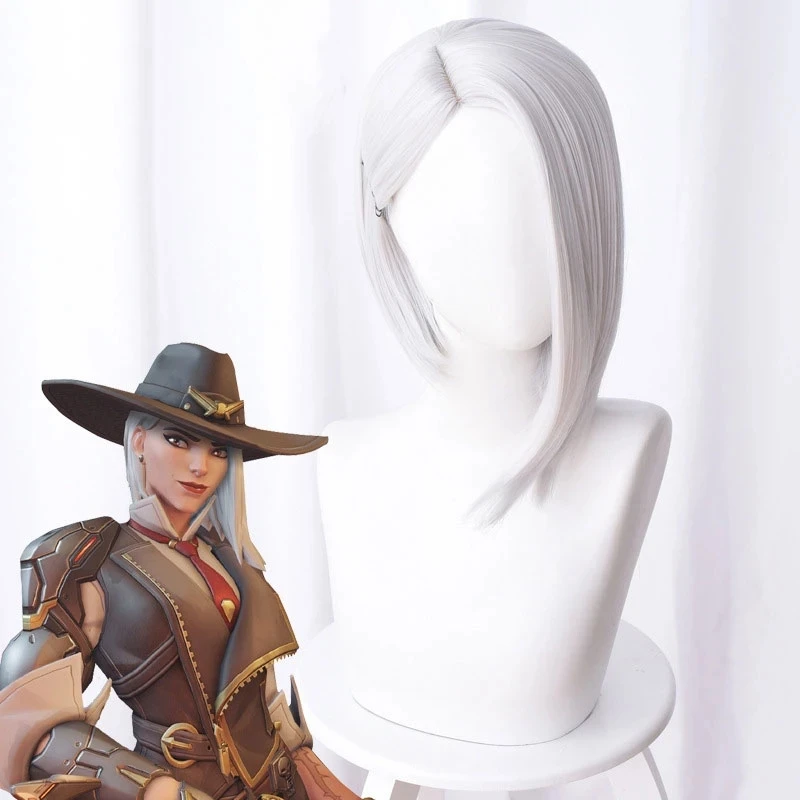 

Парик для косплея аниме Overwatch Ash Ashe Женский, асимметричный с короткими волосами, серебристо-белый, 3, 7 точек, 35 см