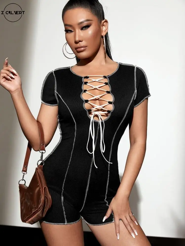 

Z Culvert 2022 Winter and spring Hollow Out Bandage Lace Up Slim Crewneck Solid Patchwork Short sleeve Jumpsuit Slim Playsuits