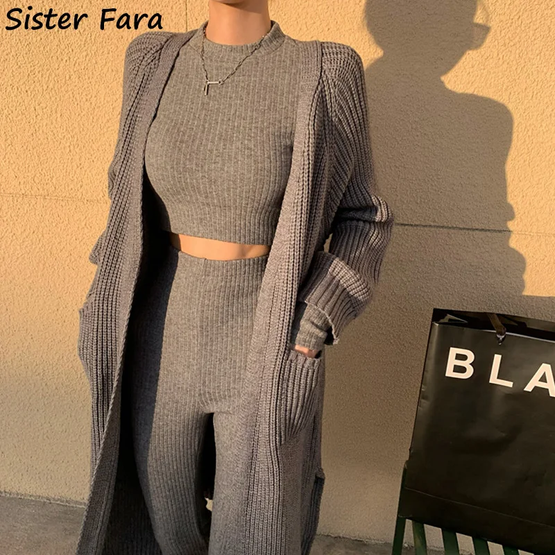 

Sister Fara 2022 Autumn Winter Women's Suit Long Sleeve Knit Sweater+Solid Sweater+High Waist Wide Leg Pants Ladies 3 Piece Set