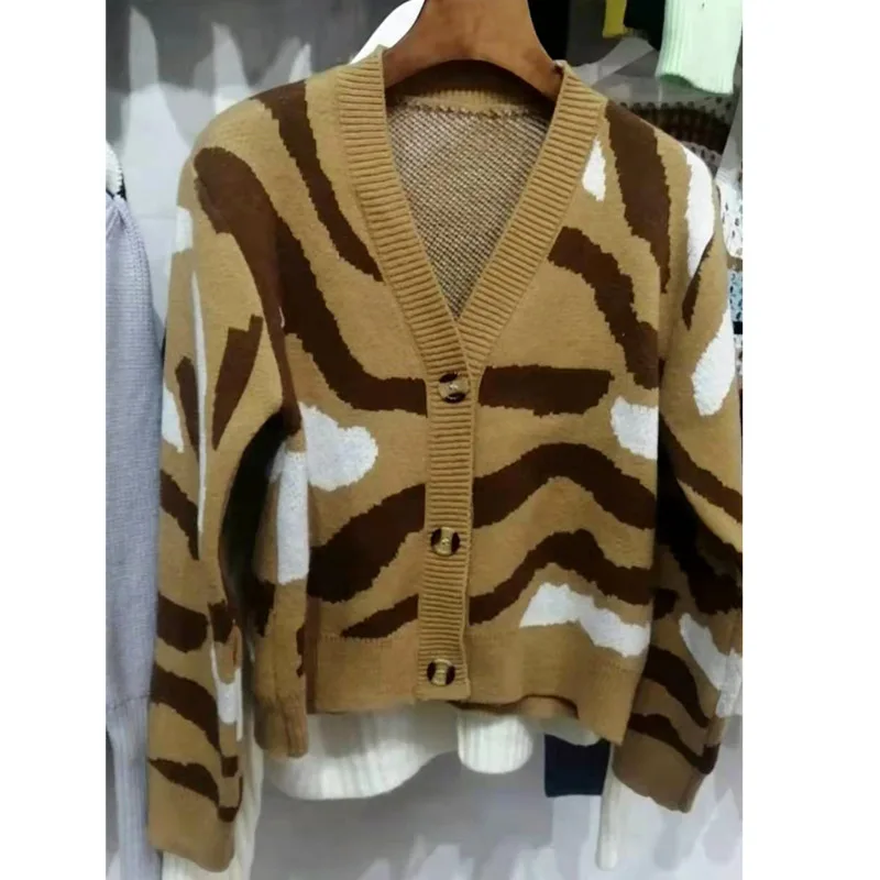 

2021 Autumn New Cardigan Sweater Women's Fashion Blue Knitted Coat Zebra Pattern Long Sleeve Top Deep V-Neck Women Clothing Tops
