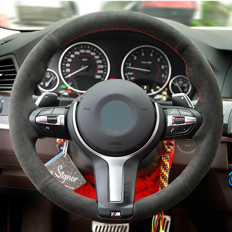 black genuine leather suede car steering wheel cover for bmw m sport f30 f31 f34 x1 f07 x2 f10 f11 f25 f32 f33 f36 x3 f39 f48 free global shipping