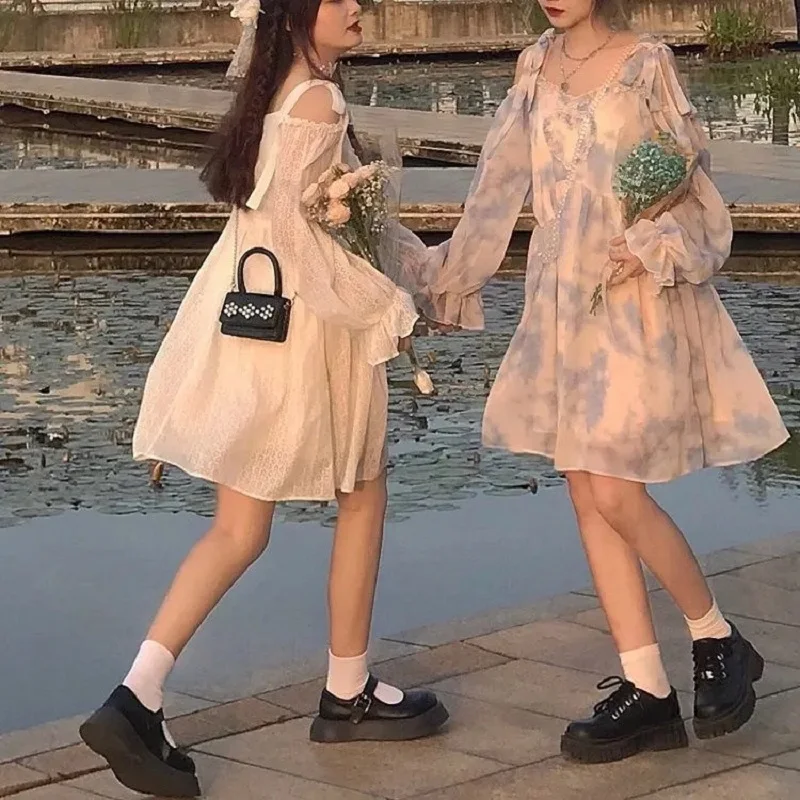 

Lace Sweet Elegant Women Evening Party Dress Kawaii Japanese fairy clothes Dress Female Square Sling dresses robe femme Tie dye