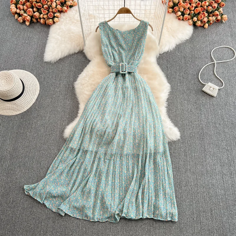 

Женское шифоновое платье с цветочным принтом, Элегантное Длинное пляжное платье в богемном стиле без рукавов с О-образным вырезом и поясом, ...