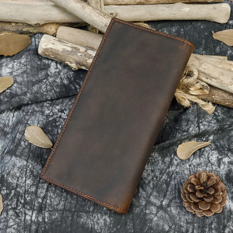 Men's Crazy Horse Leather Long Wallet Brown Cow Bifold With Phone Pocket Cowhide Purse Card Case | Багаж и сумки
