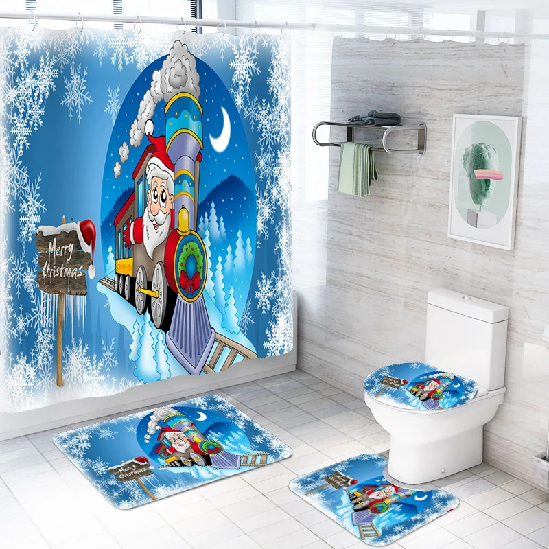 

4 Pieces Santa Claus/Train Shower Curtain Set Merry Christmas Bath Sets Happy New Year Carpet 3D Print Cartoon Bathroom Set