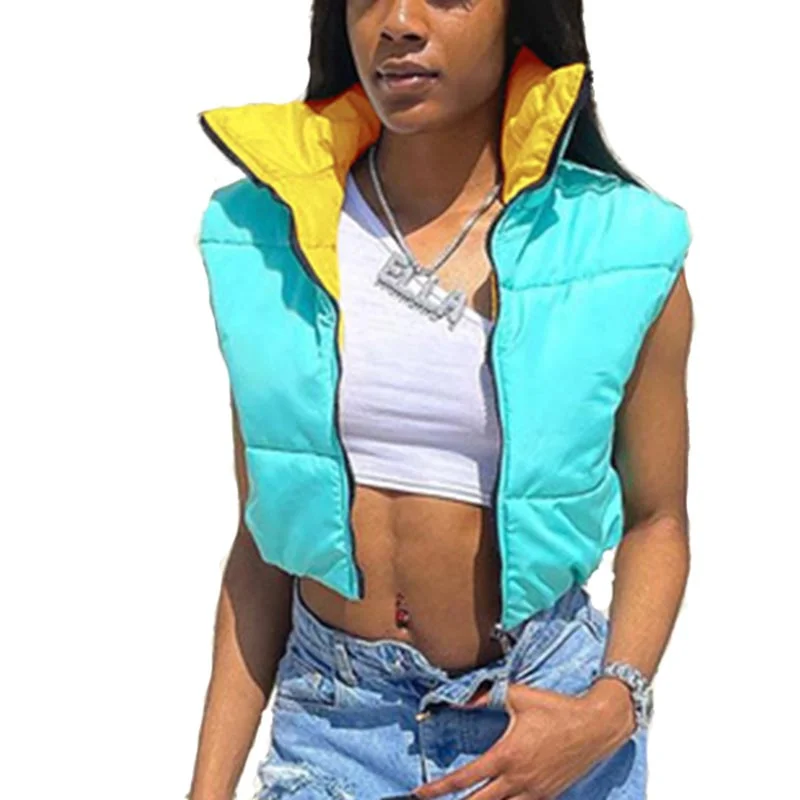 

Модный пуховой жилет контрастных цветов для женщин, укороченная Толстая теплая куртка на молнии, облегающее зимнее пальто для женщин, уличн...