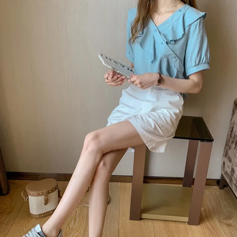 Летняя женская футболка корейский стиль 2020 топы футболки одежда шифон v-образный