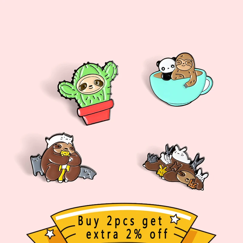 QIHE JEWELRY 4 Styles Sloths Enamel Pins Cute Animals Cats Panda Rabbits Cactus Brooches Badges Lovely Gifts Wholesale | Украшения и