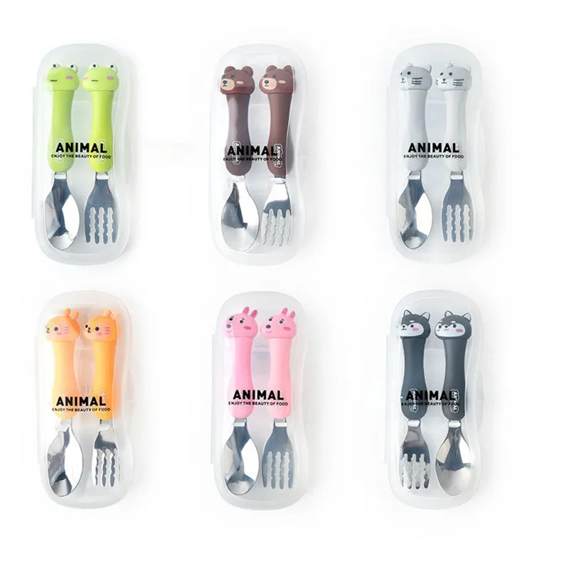 

Cartoon Cute Frog Bear Cat Children Stainless Steel Fork Spoon Flatware Cutlery Tableware With Box School Picnic Dinnerware Set