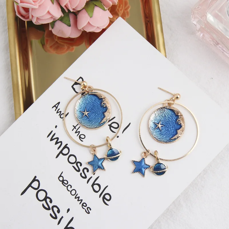 Модные Длинные асимметричные серьги женские металлические круглые со звездой