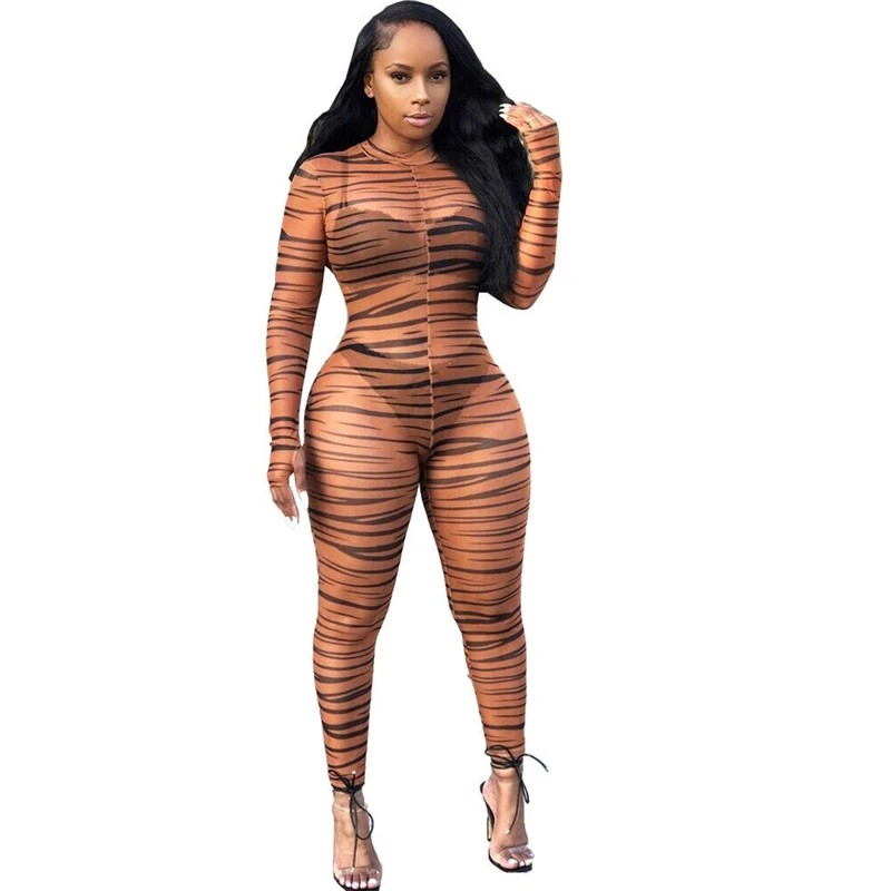 Комбинезон женский сетчатый с длинным рукавом пикантный облегающий прозрачный