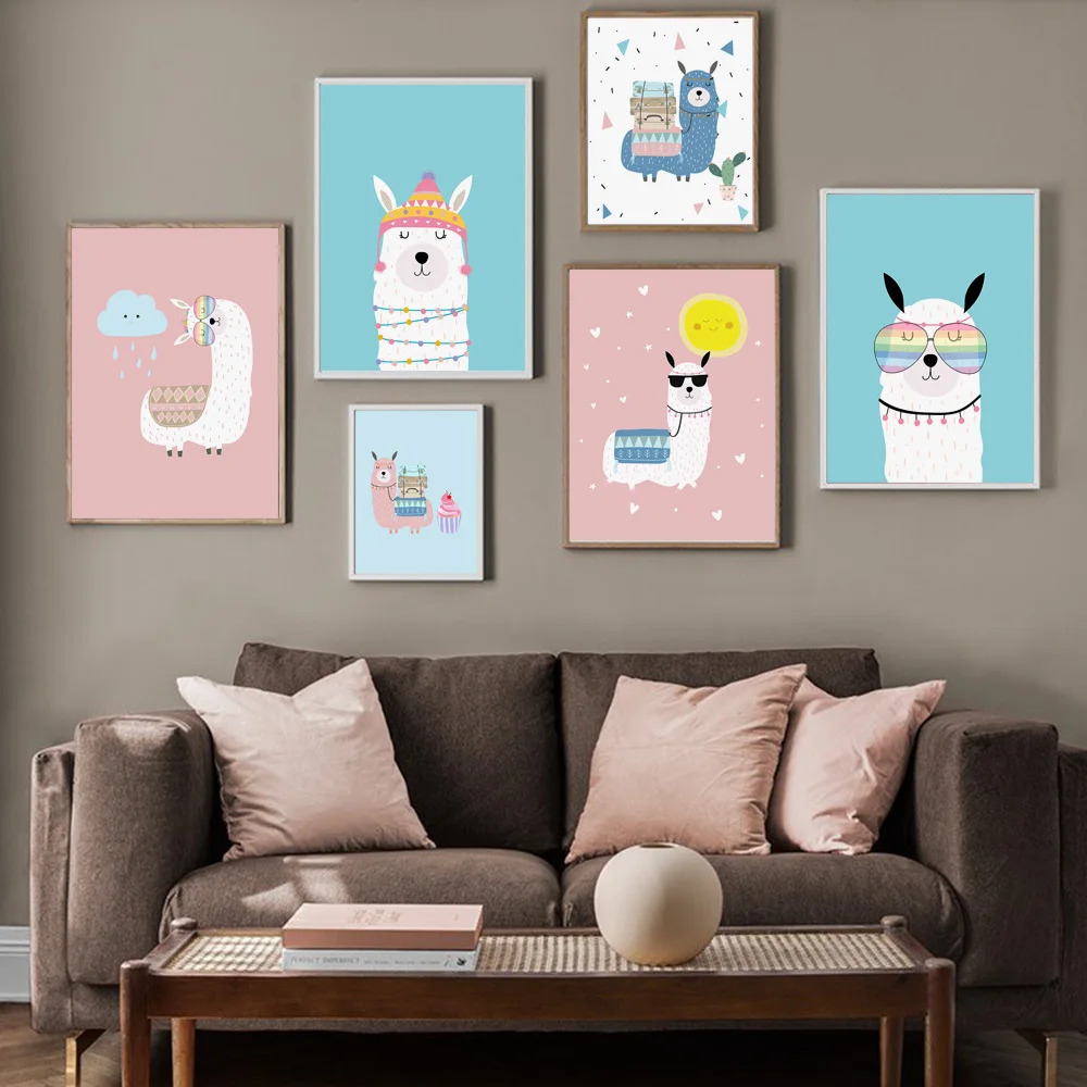 

Cartoon Cute Alpaca Llamas Glasses Cactus Wall Art Canvas Painting Nordic Posters And Prints Baby Kids Room Decor Wall Pictures
