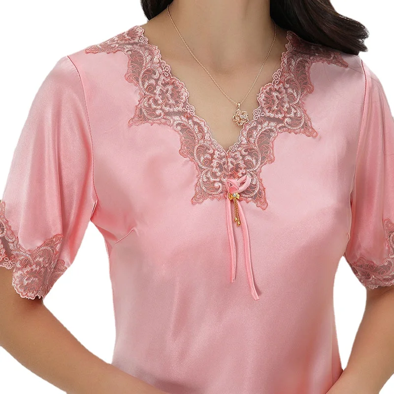 2021 Summer Women's Pajamas New Embroidered Lace V-neck Middle Sleeve Nightwear Imitation Silk Pants Home Wear Female Sleepwear