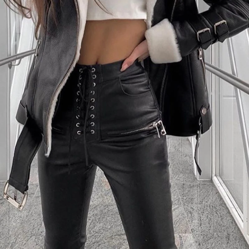 

Black Faux PU Leather Pencil Pants Lace Up High Waist Slim Skinny Streetwear Autumn Casual Trousers Women Hot Sale