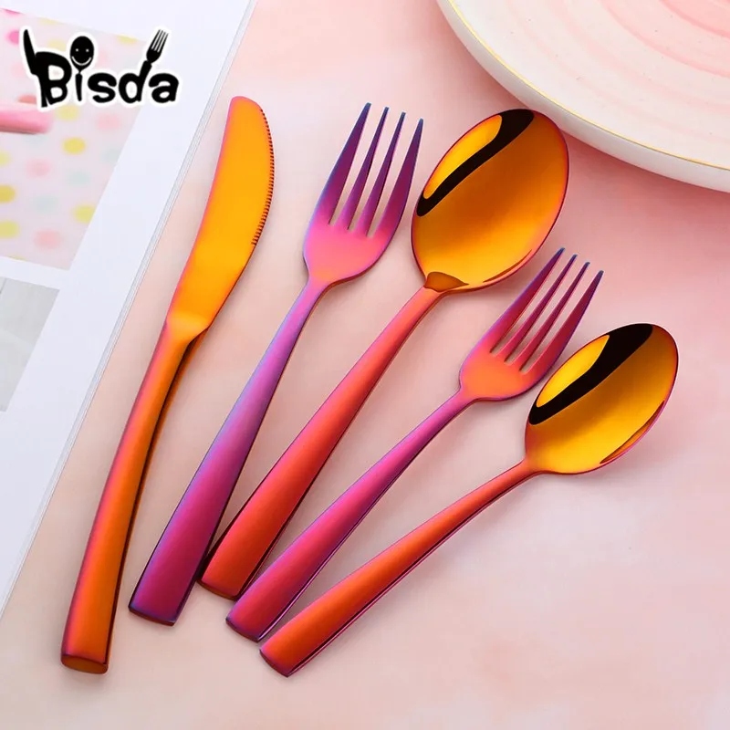 30 шт радужные Красные столовые приборы набор столовая посуда из нержавеющей