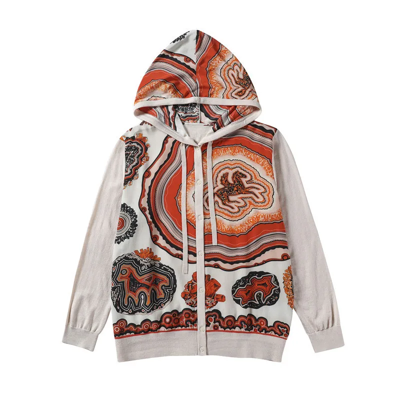 

New women s clothing hooded positioning shading printed silk knit long sleeve cardigan F8911