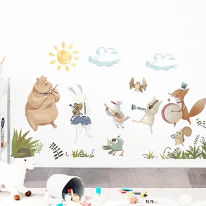 Imported Nordic Watercolor Animal Band Music Player Wall Stickers for Kids Room Baby Nursery Room Decoration 