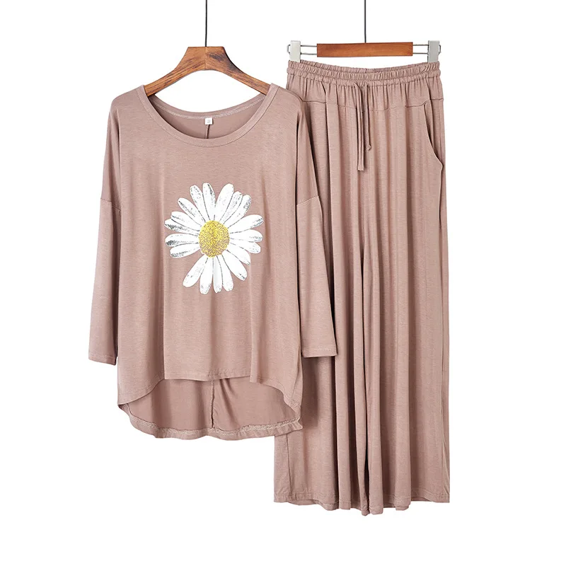 

Пижамный комплект Женский из модала с цветочным принтом, комплект из 2 предметов, одежда для сна с длинным рукавом, мягкая повседневная одеж...