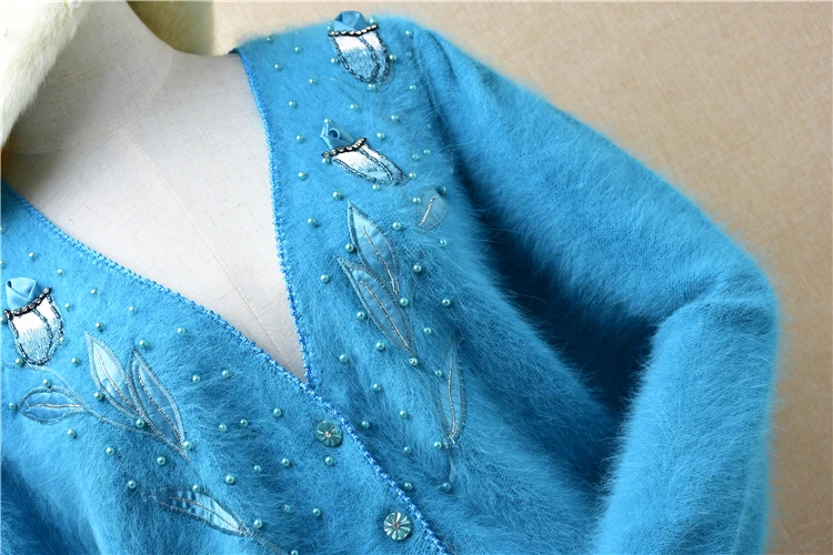 

female women winter embroidery vintage beading angora rabbit fur knitted v-neck loose short cardigans mink cashmere jacket coat