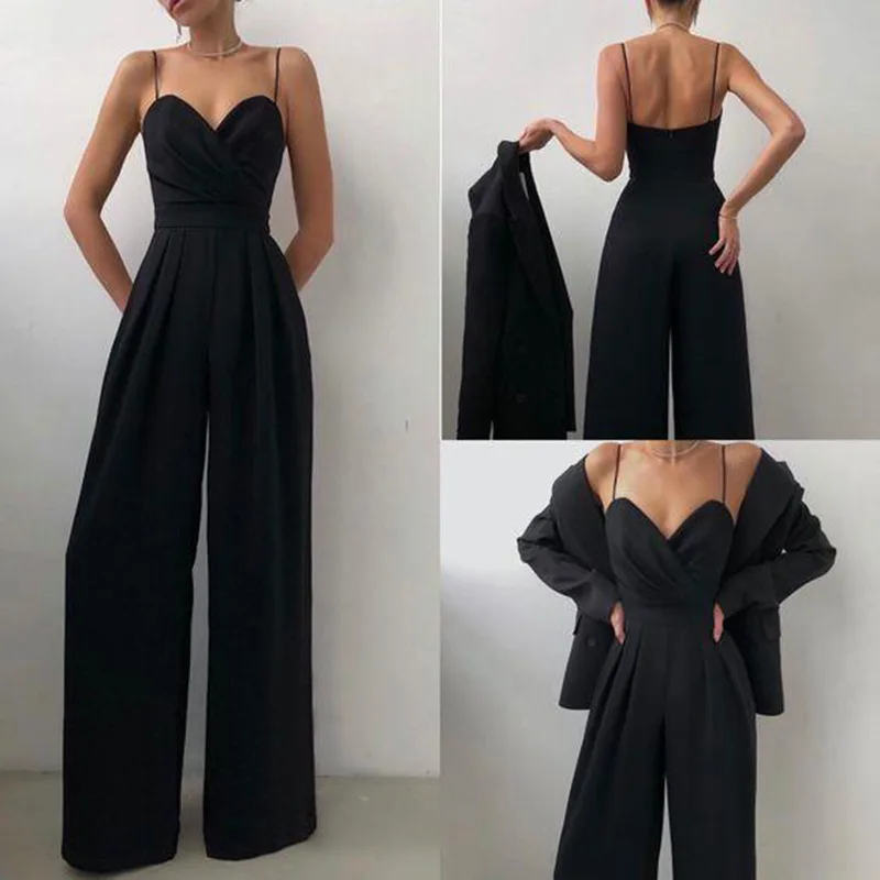 

2021 New Sling One-Piece European and American Sexy V-Neck Sleeveless Tube Top Wide Leg Pants One-Piece