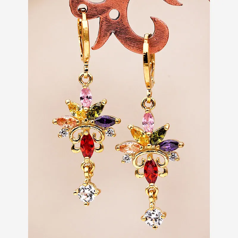 Indian Jewelry Women Dangle Earrings Vocation Bohemia Style Multiple-color Zircon Flower Gold OBS1123 | Украшения и аксессуары