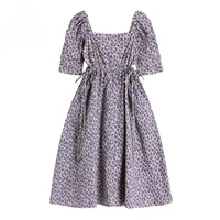 2021 summer new purple floral print dress women elegant stylish puff short sleeve dresses french sweet lace up hollow out frcoks