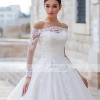 on zhu luxury appliques sparkly tulle ball gown wedding dress boat neck long sleeve vintage bridal gown 2022 vestidos de novia