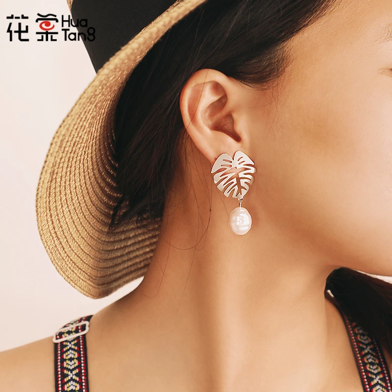 HuaTang серебро Цвет листья висящие каплевидные жемчужные длинные серьги для женщин