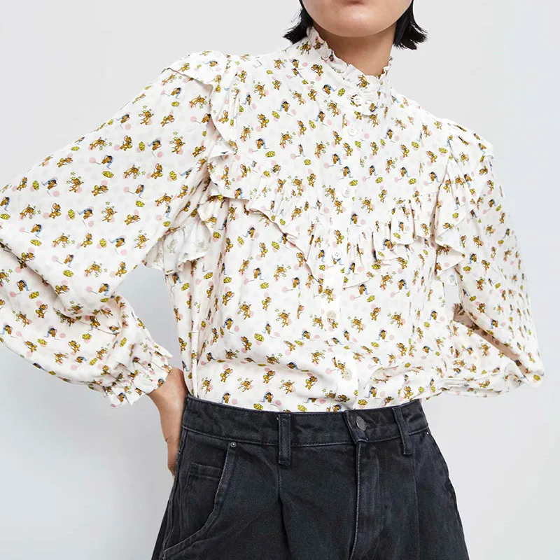 

Trendy ZA Long Sleeve Stand Collar Print Shirt Women Laminated Decoration Buckle Closure Charm Style Blouse Fashion Clothing