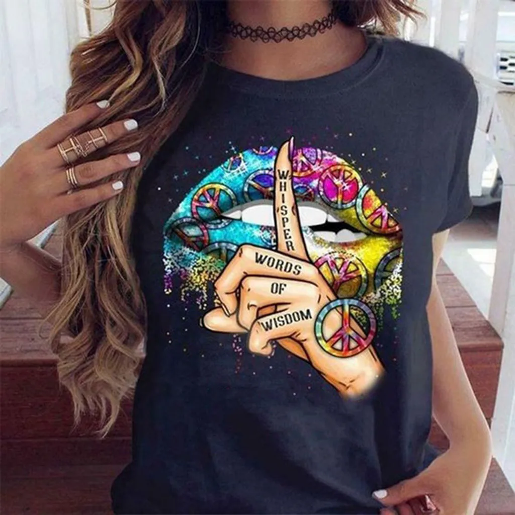 

2021 Lips Watercolor Graphic T Shirt lip Women Tops Shirt Base O-neck Sexy Black Tees Kiss lip Funny whisper words Girls Tshirt