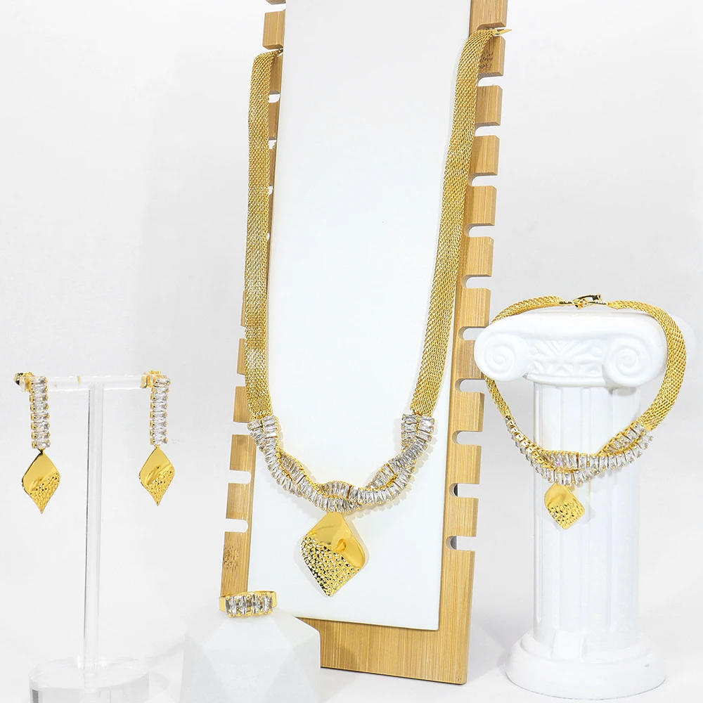 

Gold Plated Jewelry Set For Women Choker Fashion Cubic Zircon Earrings Pendant Necklace For Bridal Wedding Party Gifts
