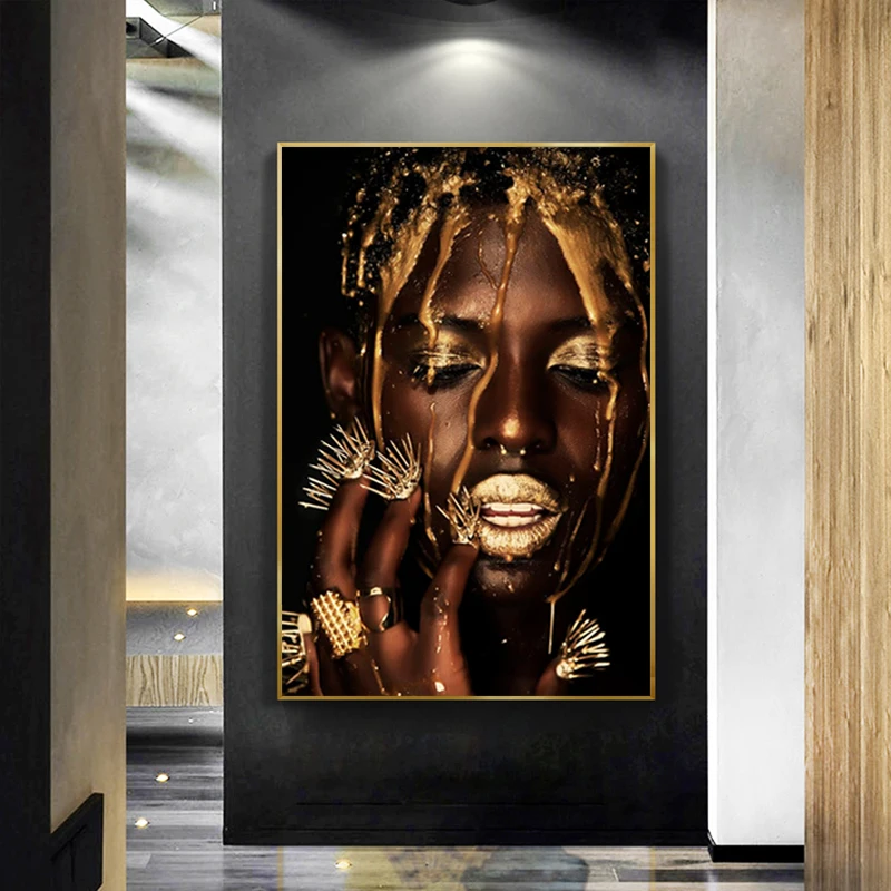 

Nordic Black and Gold African Art Woman Canvas Print Poster Painting Picture Wall Art for Living Room Bedroom Home Decoration