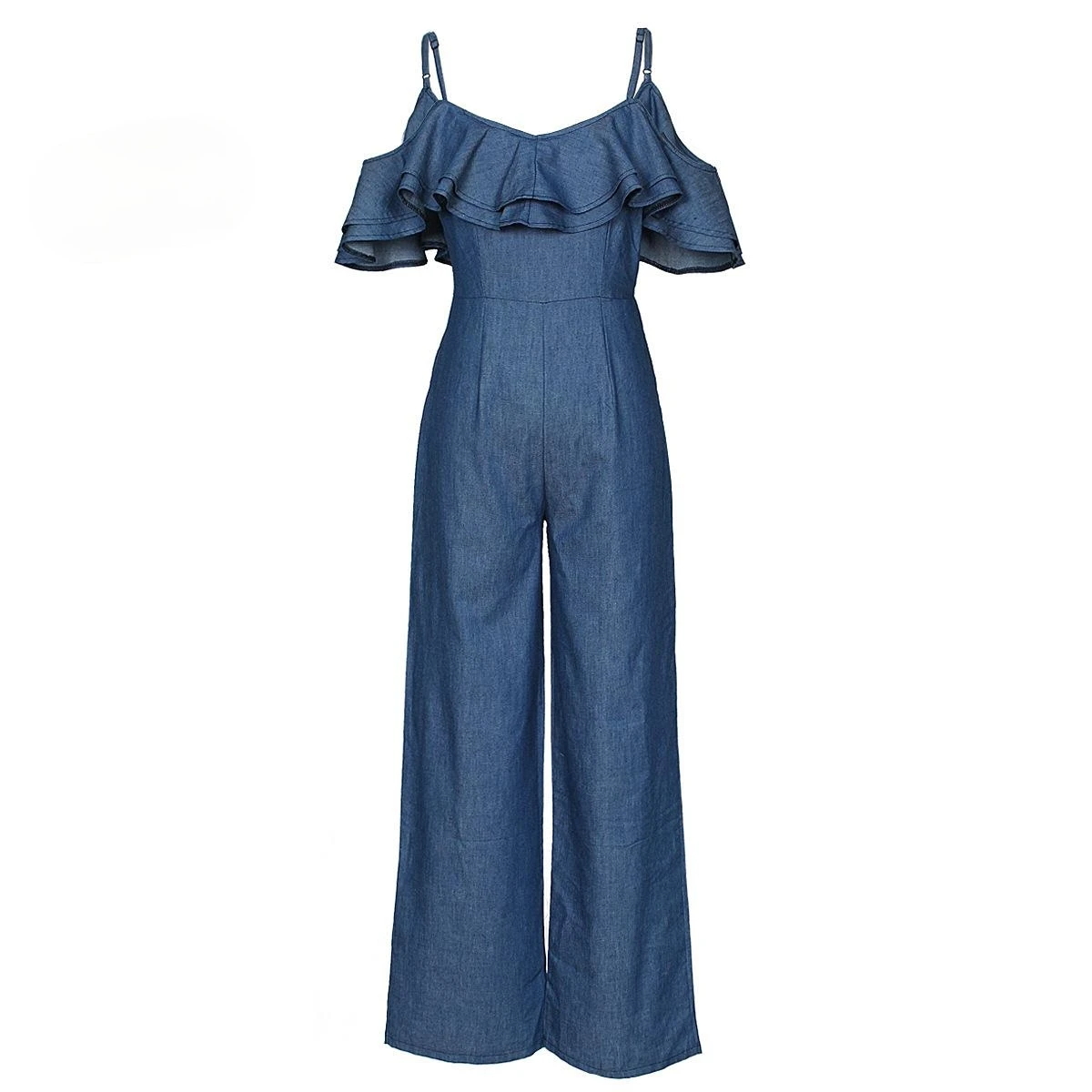 

Zoulv 2021 High Quality Solid Color Spring and Autumn Fashion Casual Women's Sling V-neck Ruffled Wide Leg Jumpsuit