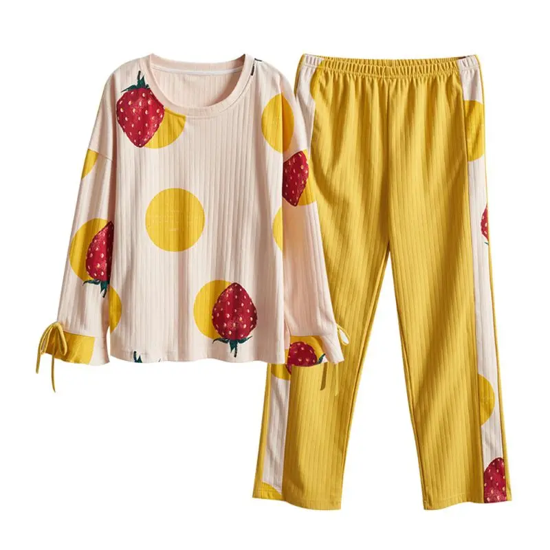 

Women Plus Size Long Sleeve Pajamas Set Color Block Fruit Sleepwear Loungewear