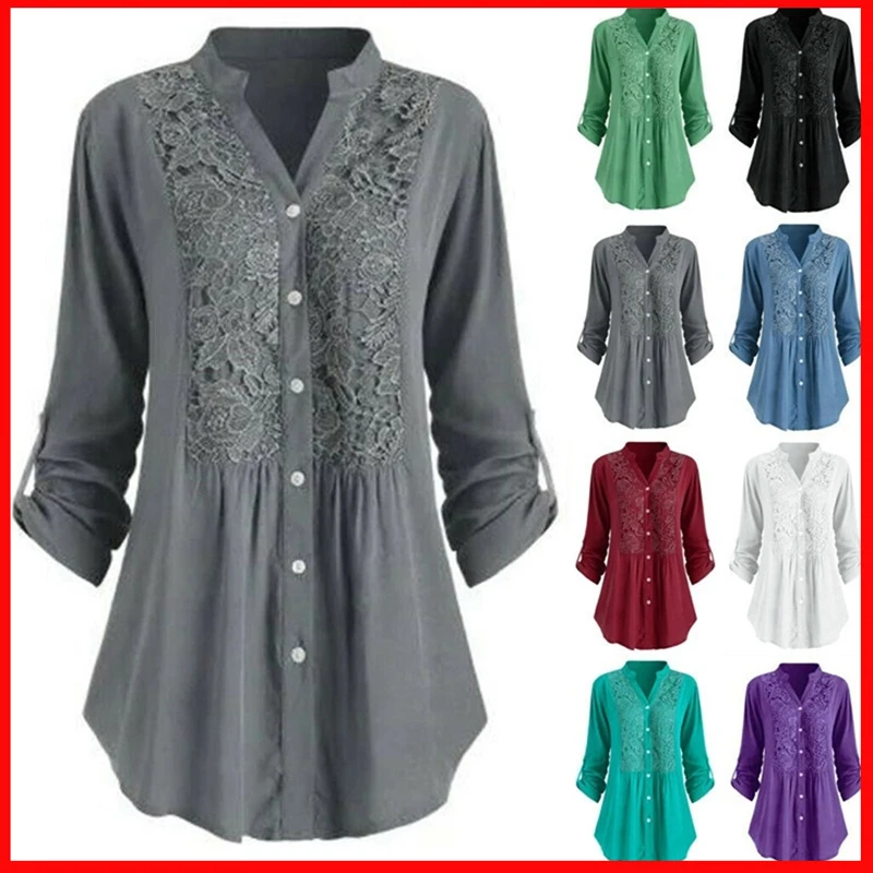 

Lace Splicing Button Women Solid Color Spring Autumn Casual Stand Collar Long Sleeve Shirt Female Plus Size Loose Blusa Feminina