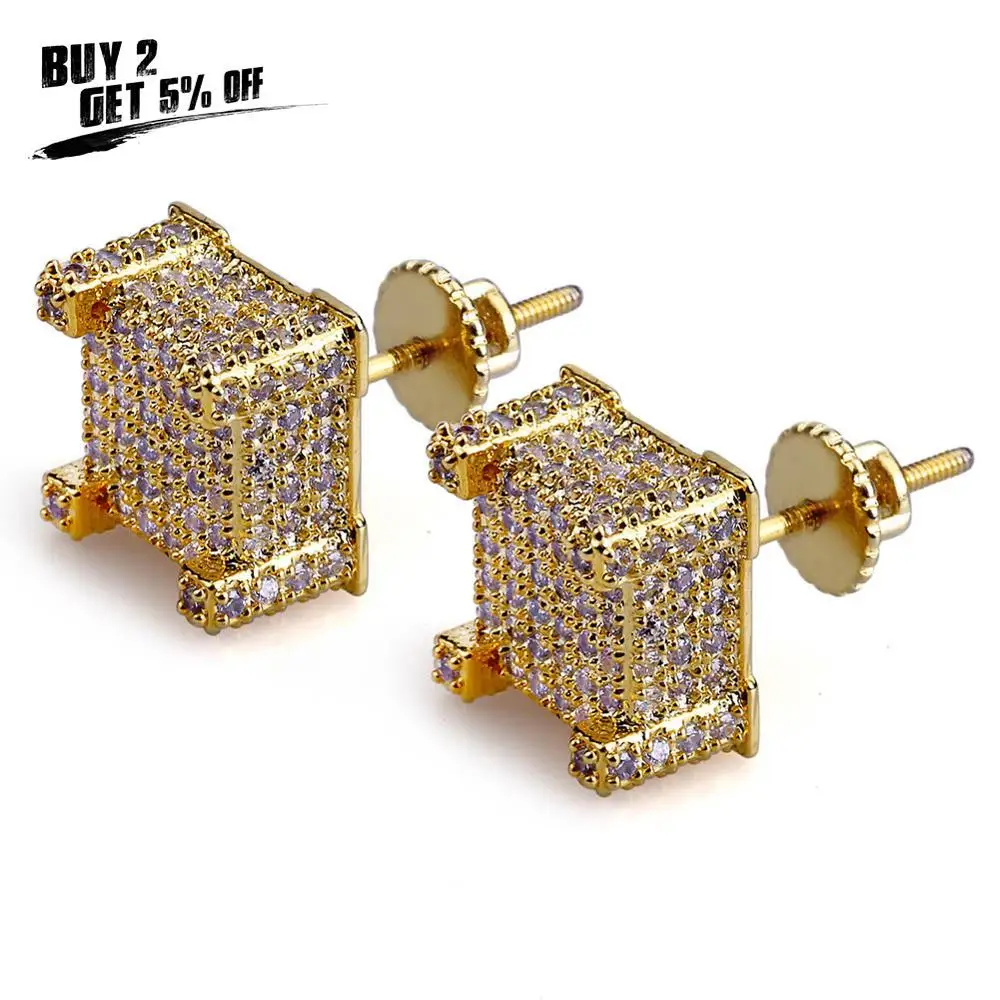 Серьги гвоздики JINAO в стиле хип хоп украшенные сверкающими камнями квадратные с