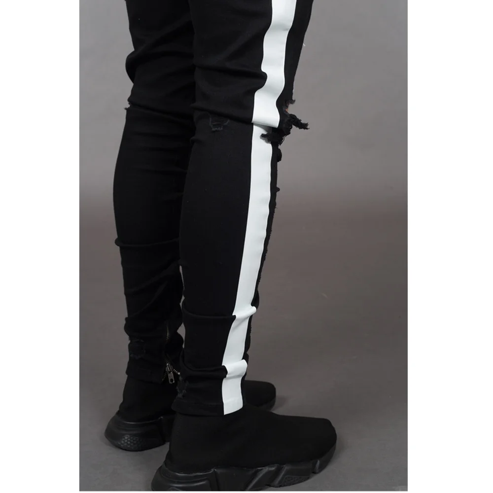 Men's Pants Bare Knees Streetwear Denim Jeans for Men Ripped Hole Stretch Jeans Plus Size Full Length Pencil Pants Side Stripes