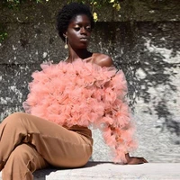 coral tulle ruffles tiered top sleeve tops shirt fashion off shoulder short blouse casual custom made women top %d1%82%d0%be%d0%bf %d0%b6%d0%b5%d0%bd%d1%81%d0%ba%d0%b8