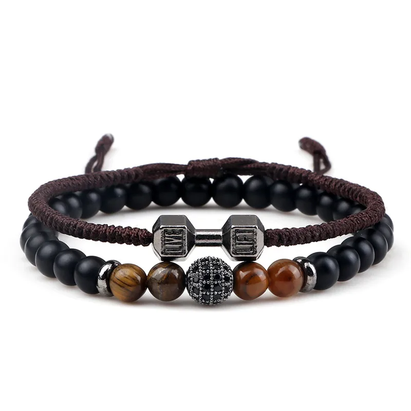 

2pcs/Set Men Beaded Bracelet 6mm Charm Nature Onyx Stone Braided Strand Dumbbell hread Bracelets Women Barbell Fitness Jewelry